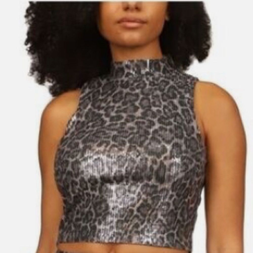 MICHAEL Michael Kors Sequin Leopard Print Black Brown Mock Neck Crop Top